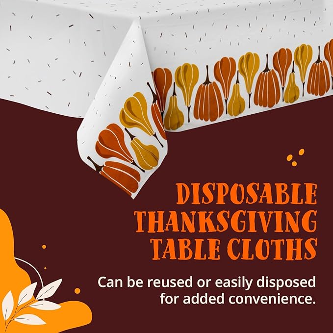 Thanksgiving Tablecloths, 6-Pack Disposable Plastic Table Covers, Pumpkins Pattern, 54 x 108 Inches, Party Decorations