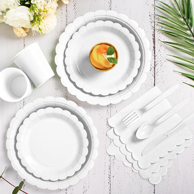 Vyntra 350 PCS Disposable Plates for Party, Paper Plates & Napkins Set with Cups, Knives, Forks, Spoons, 7'' Dessert and 9'' Dinner Plates for Wedding, Birthday, New Year’s Eve, Christmas - White
