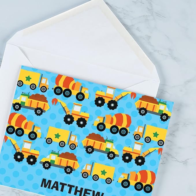 Current Construction Kids Personalized Note Cards - 24 Cards with White Envelopes, 4¼ x 5½ Inch Size, Blank Stationery, Add Names or Text, For Thank You Notes, Invitations, & Announcements