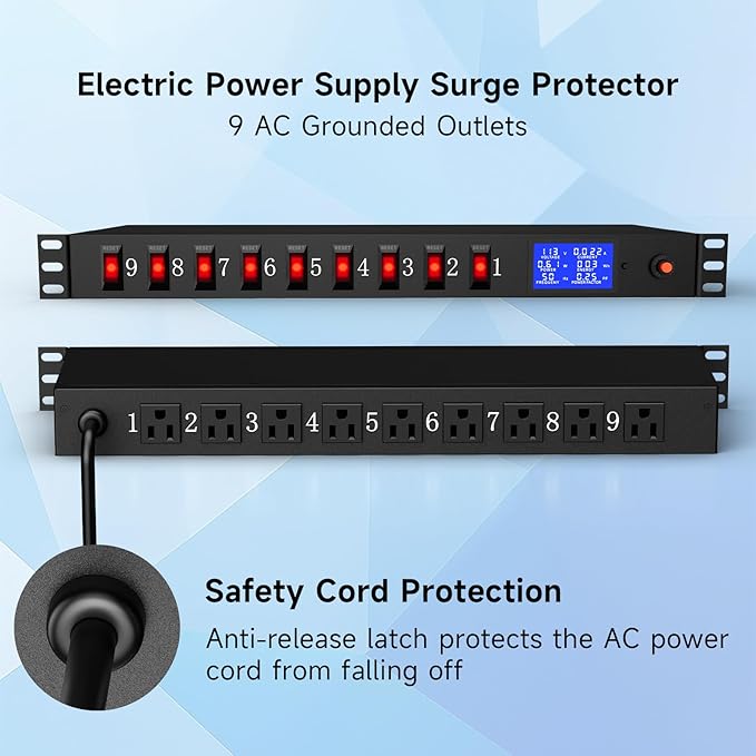 9 Outlet Rack Mount Power Strip with Individual Switches, PDU Surge Protector 15A 125V 1875W, 1U Server Rack Power Distribution Unit with Overload Protection and Power Monitoring, 6.5FT Cord