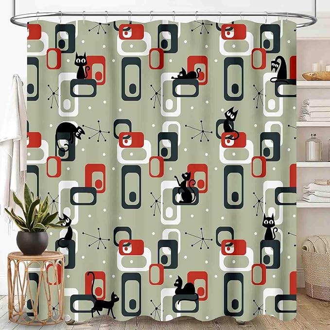 Mid Century Shower Curtain for Bathroom, Modern Cat Abstract Atomic Geometric Print Lovely Black Kittey Retro 1950s 1960s Black Waterproof Fabric Shower Curtain Set with Hooks, 72"x72" Inch