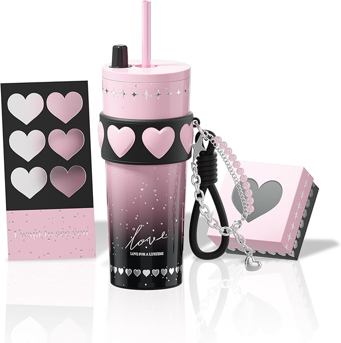 24 oz Stainless Steel Tumbler with Lid and Straw, Insulated Coffee Mug, Leak Proof, Portable Iced Travel Water Bottle, Reusable Thermal Coffee Cup Gift for Women, Pink