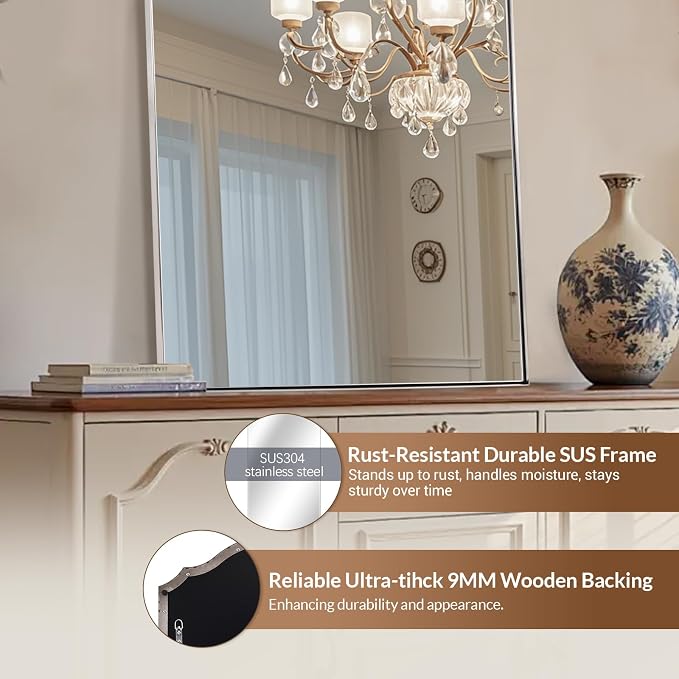 ANDY STAR Chrome Mirror, 22 x 35 Inch Arch Mirror in Stainless Steel Metal Frame, Chrome Arched Bathroom Mirror, Arch Top Rounded Corner 1 Inch Deep Set Design Wall Mount Hangs Vertical