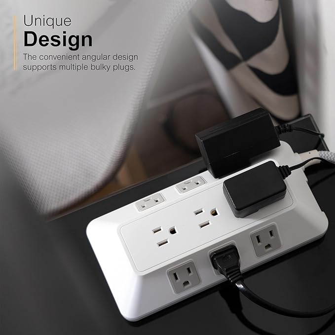 GE 9-Outlet Surge Protector, 2480J, 6ft. Braided Cord, Extensoin Cord for School, Home, Office, White – 82596