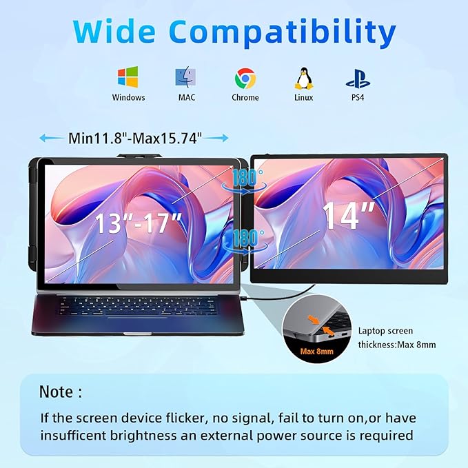 BKVOO Laptop Screen Extender Travel Monitor - 14" Dual Portable Monitor IPS FHD 1080P Travel Work Extra Screen Plug and Paly USB-C HDMI Port Compatible with Wins Mac Chrome Dex Fits 13-17" Laptops