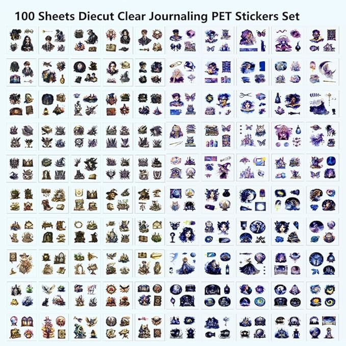 Scrapbook Stickers Set for Adults, 100 Sheets 3.1x3.1 Inches Diecut Dark Academia Theme, Clear PET Stickers for Junk Journaling Supplies, Collage, Scrap Booking, DIY Crats Arts Decorative