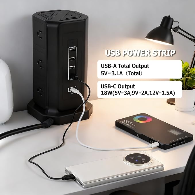 EP Power Strip Tower with USB Ports Surge Protector,Power Cord with 9 AC Outlet and 4 USB (3A 1C), 6 FT Extension Cord with Multiple Outlets, Charging Station for Home Office Dorm