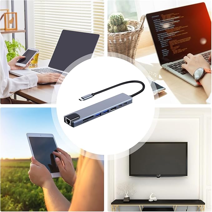 USB C Hub – Type C 8 in 1 Docking Station Adapter | 4K 100Mbps Ethernet USB Card Reader Function Hub | Laptop Tablet Expansion Solution for Office Work Travel and Daily Use