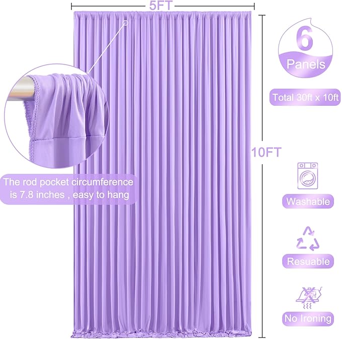 6 Panels Lavender Backdrop Curtain for Parties Wedding Wrinkle Free Light Purple Photo Curtains Backdrop Drapes Fabric Decoration for Baby Shower Photoshoot 30ft(W) x 10ft(H)