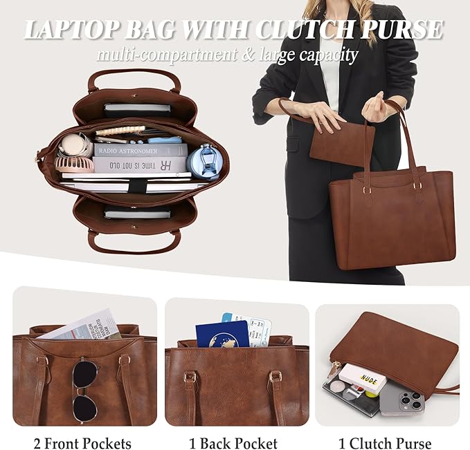 RAINSMORE Laptop Bag for Women 15.6 Inch Work Tote Bags Waterproof Computer Bags Leather Professional Laptop Purse Womens Laptop Briefcase Large Handbag for Office Teacher Travel, Retro Brown