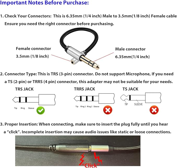 WISYIFIL 1/4 to 1/8 Headphone Cable Adapter, TRS Auxiliary Aux Cord 6.35mm Male to 3.5mm Female Stereo Jack Audio Adapter for Amplifiers,Guitar, Piano, Home Theater, Braided Cable 1ft (30cm)