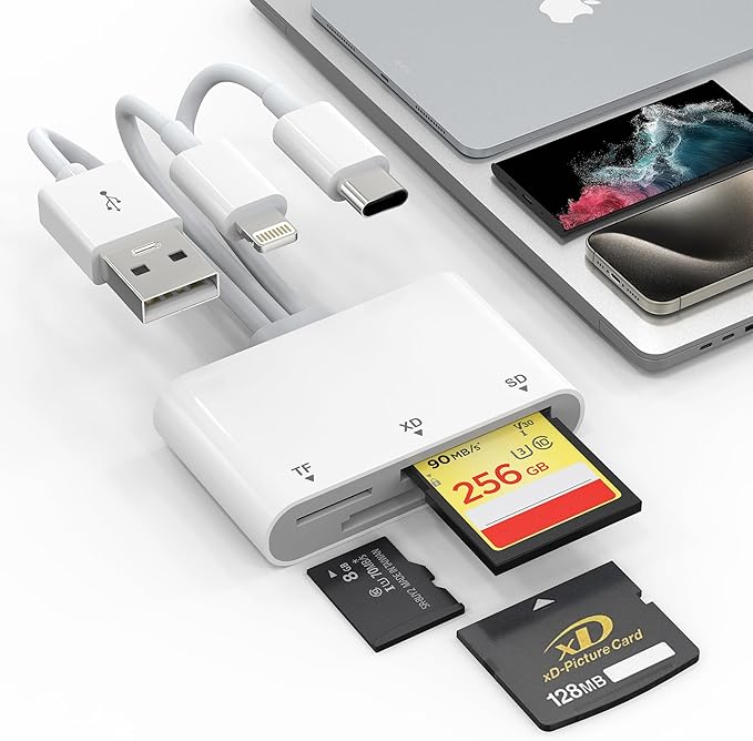 XD Card Reader, SD Card Reader for iPhone, 3 in 1 SD/TF/XD Picture Reader for Lightning/USB C/USB A Device, Lightning+USB A+USB C xd Picture Card Adapter for iPhone 16/15/14/13/iPad/PC/Android