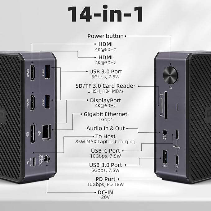 RVP+ USB C Docking Station 3 Monitors, 14-in-1, 10Gbps USB-C, 5Gbps USB 3.0, 85W Laptop-Charging, PD 18W, Triple Display-4K HDMI Dual Monitors & DisplayPort, Gigabit Ethernet, Audio, TF/SD 3.0(RVP-G8)