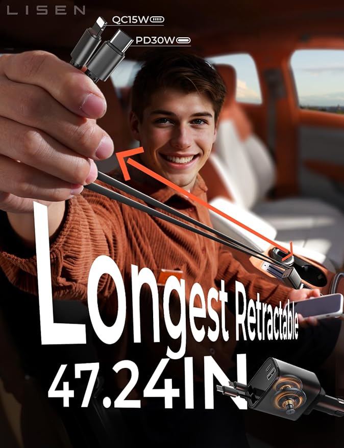 LISEN Long Retractable Car Charger 4 in 1 (47.2in Cable), 69W USB C Car Charger for Truck & Uber Drivers, Truck Accessories Fast Charging for iPhone 17 16 15 14 13 12 11 X Series, Uber Signs for Car