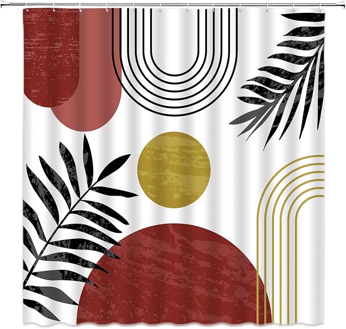 Mid Century Modern Shower Curtain Boho Red Abstract Retro Aesthetic Fabric for Bathroom Decor Bathtub with Hooks (70" WX78 H)
