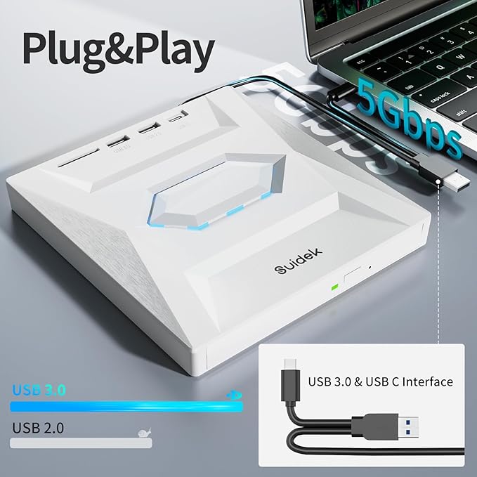 External CD DVD Drive, Ultra Slim Portable CD Player for Laptop CD DVD +/-RW Burner with SD Card Reader USB 3.0 Type C Hub Compatible with Laptop PC Windows Linux