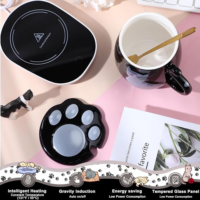 Honeydak Coffee Mug Warmer Cute Cat Mug Set Cup Warmer for Women Heated Coffee Warmers for Mom Home Office Desk Valentine's Day Anniversary Birthday Gifts(Cat,Black)