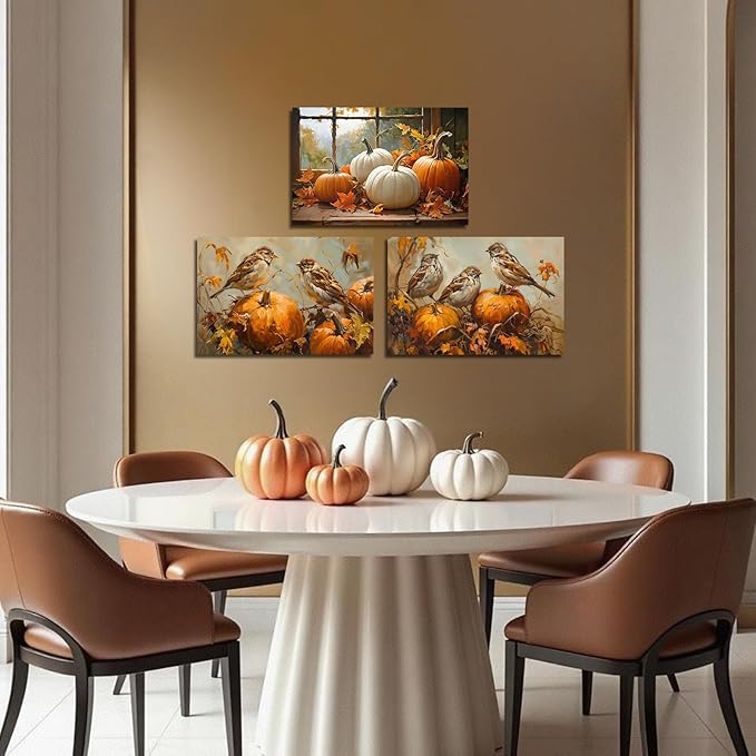 YMXDYMJSW Autumn Wall Art 3 Pieces Pumpkin with Sparrows Picture Prints Fall Harvest Birds Canvas Painting Thanksgiving Theme Artwork for Farmhouse Decor Frame (Gold,16.00" x 24.00" x 3PCS)