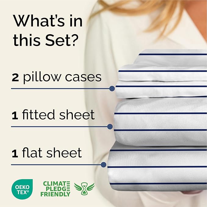 Striped Sheets - Navy Blue & White Striped Sheets - 1 Flat & 1 Fitted & 2 Pillowcases w/ Deep Pockets – Wrinkle & Fade Free - Soft, Breathable & Cooling – Luxury Pinstripe Bedding - Queen Size Bed Set