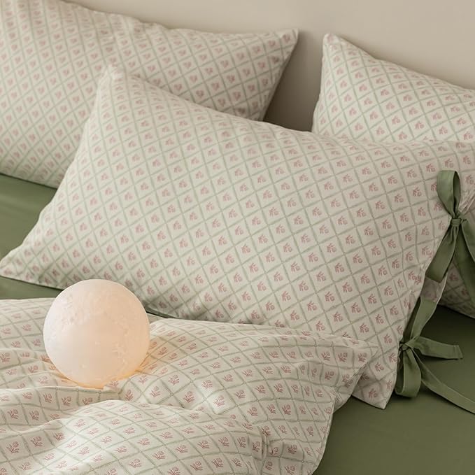 LifeTB Pink Floral Comforter Set Queen Plaid Grid Cute Flower Comforter 3 Pieces Cottagecore Bedding Comforter Aesthetic Flowers Boho Comforter with 2 Bowknot Pillowcases Farmhouse Bedding Set