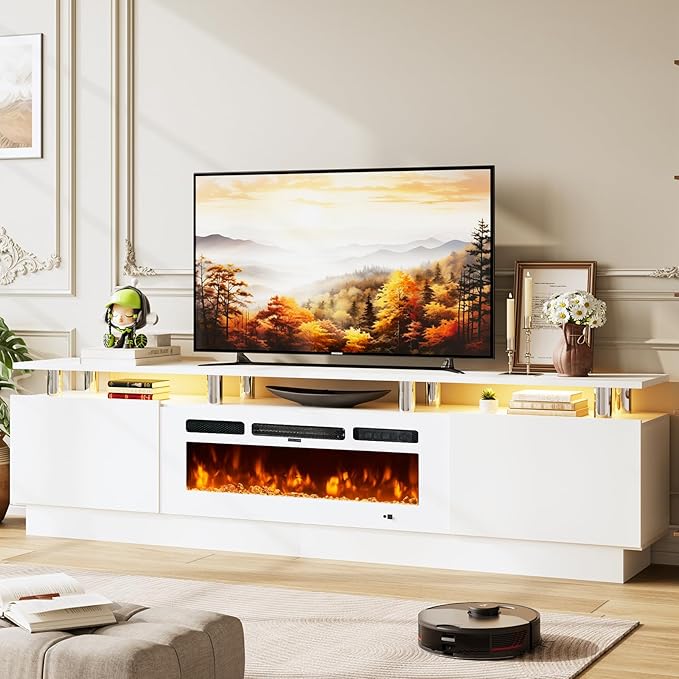 80" Entertainment Center & TV Stand, Modern Media Console with Storage Cabinet, Fits TVs up to 90", Living Room Furniture, 36" Electric Fireplace (All White)