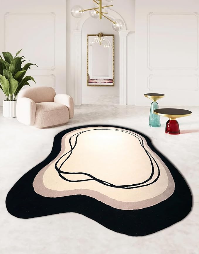 4x6 Irregular Area Rug Beige Black Curve Modern Abstract Art Washable Rug for Bedroom Diningroom Living Room Odd Shaped Rugs Minimalist Aesthetics Home Office Guestroom Stain Resistant Large Carpet