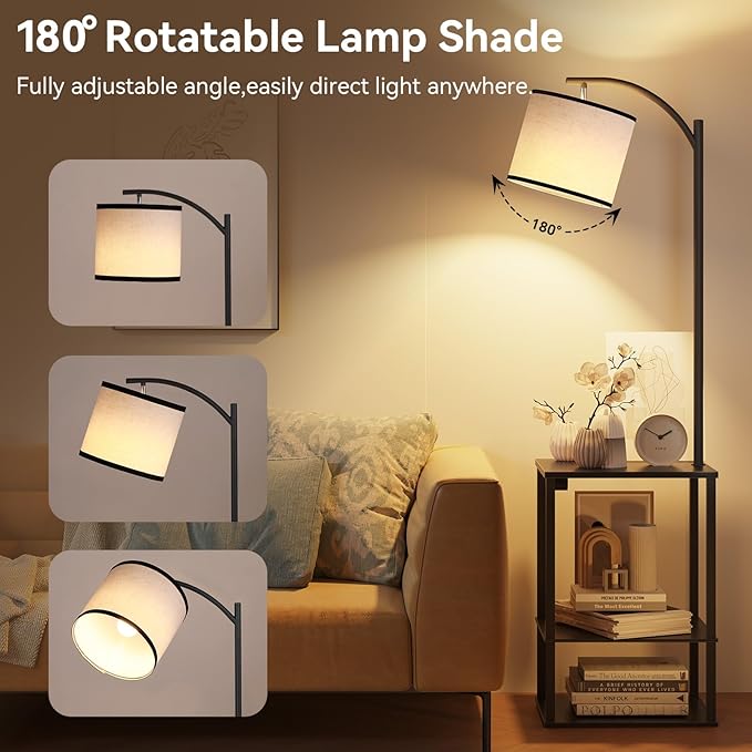 SUNMORY Floor Lamp with Table, End Table for Living Room with Lamp, Shelves Side Table with Charging Station(USB & AC Port), 3 Color Temperature LED Bulb, Modern Nightstand Lamp for Bedroom, Office
