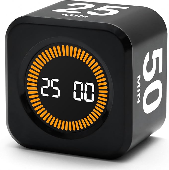 Exlliy Rotating Productivity Timer 5, 25, 10, 50 Minutes Preset, Desk Cube w/Gravity Sensor for ADHD, Mute Functions, Ideal for Work, Study, Kitchen, Back to School (1, Black)