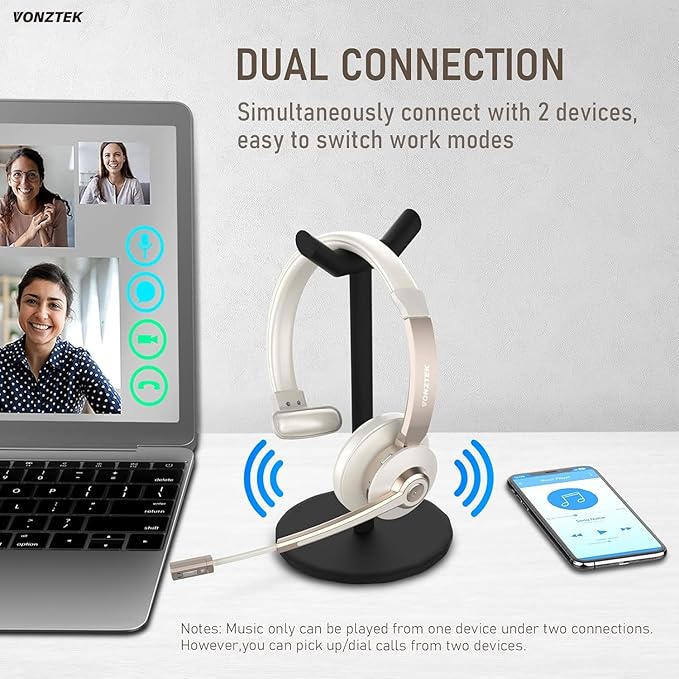Vonztek Wireless Headset, Trucker Bluetooth Headset with Microphone Noise Canceling & Mute, Bluetooth Headphones with USB Dongle for Cell Phone Computer Call Work Home Office Meetings Teams Skype