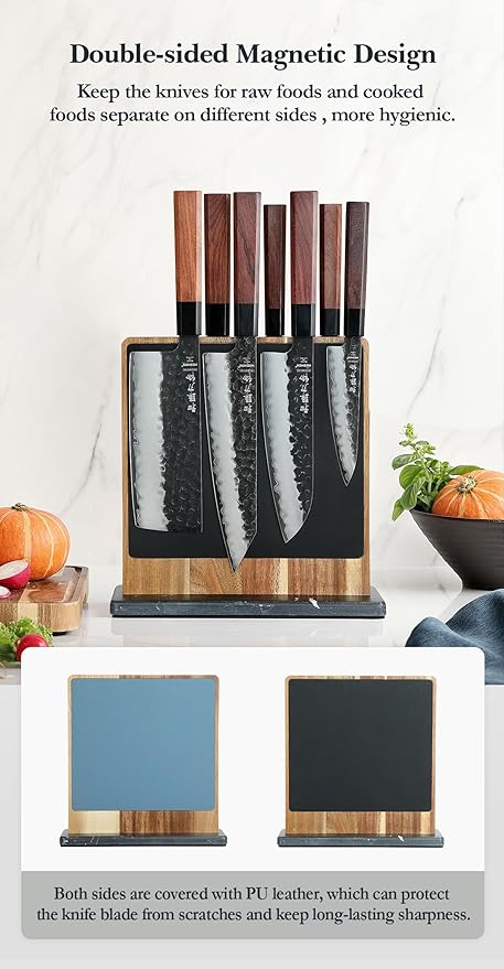 HEZHEN Double-sided Magnetic Knife Holder without Knives, Acacia Wood Knife Block with Leather Cover, Space-saving Knife Storage, Strong Enhanced Magnets Strip, Non-slip Marble Base