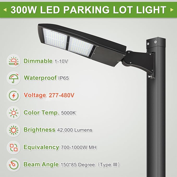 480V 300W LED Shoebox Light, LED Parking Lot Pole Lightis, Outdoor LED Area Light 1000W MH/HPS Equiv. Surge Protector, 1-10V Dim, 42000LM 5000k DLC UL cUL 277-480V Direct Arms Mount