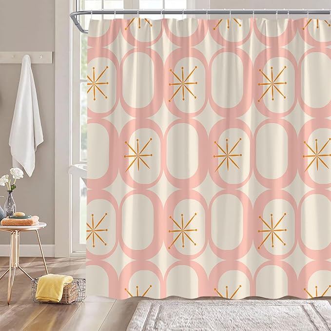 Mid Century Modern Shower Curtain Abstract Atomic Geometric Round Squares Retro 50s Pink Fabric Curtain with Hooks for Bathroom Decor,70x70 Inch
