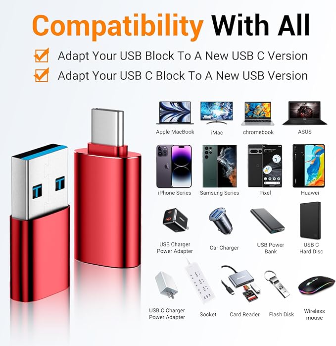 Temdan USB to USB C Adapter,Car Charger OTG Converter Compatible with MacBook Pro Air 2024,Samsung Notebook and More Type C,for iPhone 17 16 15 Air Plus Pro Max,OTG Adapters - Red