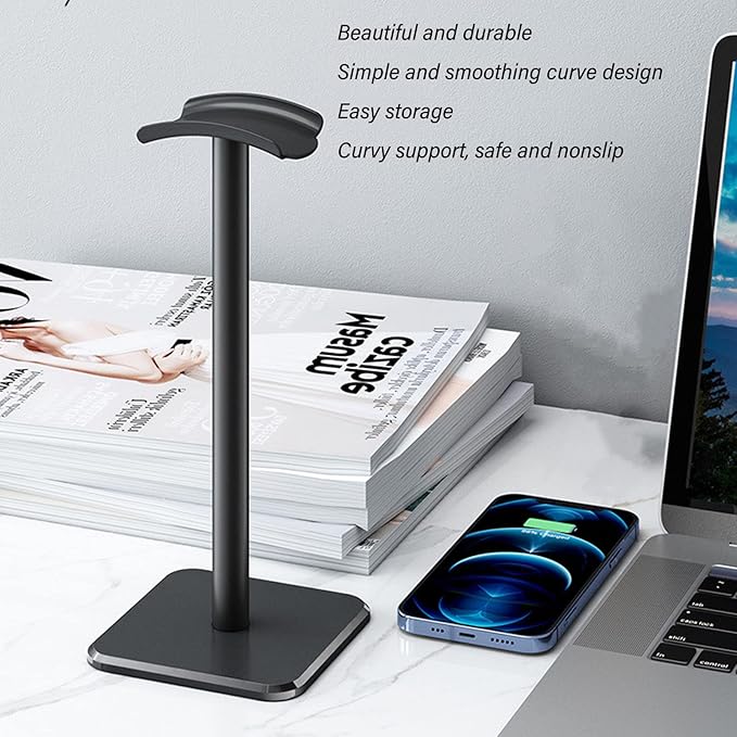 Headphone Stand, Rounded Corner Headset Holder, Anti Slip Base, TPU Tray, Aluminum Supporting Bar Headset Holder for Home Gaming Office (Black)