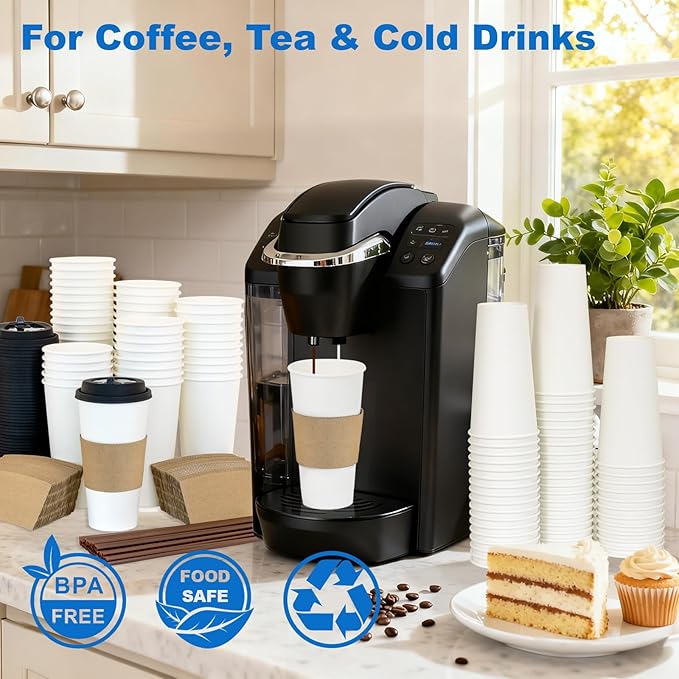 Coolcap 20 oz 100 Pack Coffee Cups with Lids and Sleeves, Straws, Hot Disposable To Go Travel Paper Cups Bulk for Office, Home Coffee Bar Accessories, Chocolate, Cocoa, Beverage (White)