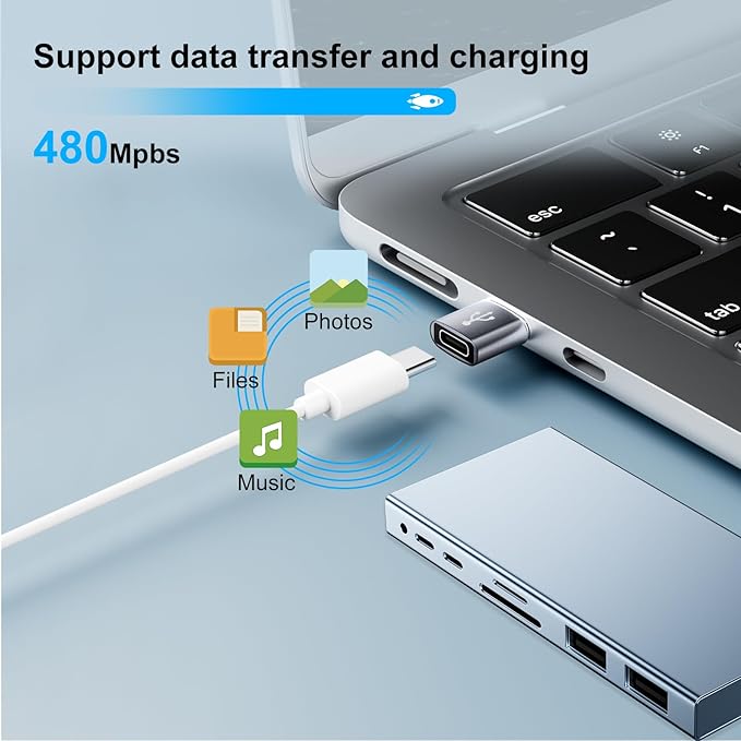 USB to USBC Adapter 8 Pack,USB to Type C Adapter,USBC Female to USBA Male,Charging Cable Converter for iPhone,Laptop,iWatch,Car Play,Charger,Grey
