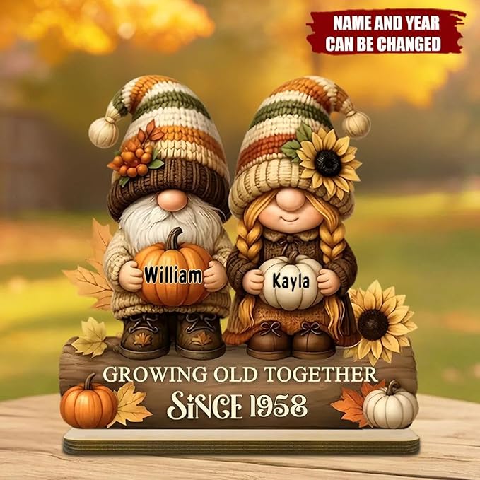 Personalized Gnome Couple Figurine, Growing Old Together Since 1958, Custom Autumn Decoration, Unique Fall Holiday for Couple, Engraved Family Ornament for Parents and Grandparents