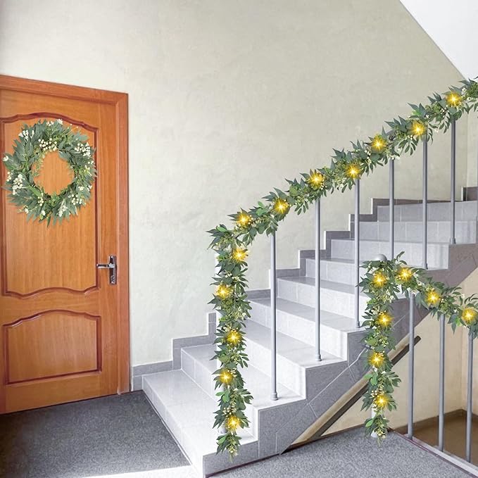 Artgar Eucalyptus Garland with Lights - 6 Ft Greenery Garland - Artificial Silver Dollar Olive Garlands, Spring/Summer Green Garlands for Indoor Outdoor Home Decor Wedding Arches Backdrops Table Decor