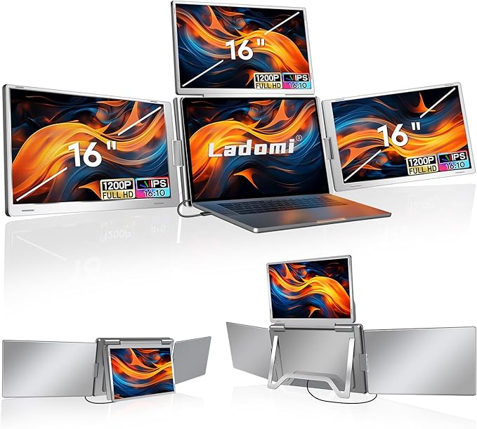 Ladomi 16" Laptop Screen Extender, Just 1 Cable for 3 Screens Quad Monitor, 1200P FHD Screen Extender for 12"-18.5" Laptops, Triple Portable Monitor for Wins/Mac M1|M2|M3|M4|M5