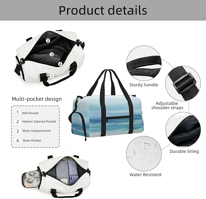 Sea Blue Watercolor Ocean Waves Coastal Beach Women'S Gym Duffle Bag With Shoes Compartment, Ideal For Travel, Gym, Sports, Duffel, Weekender
