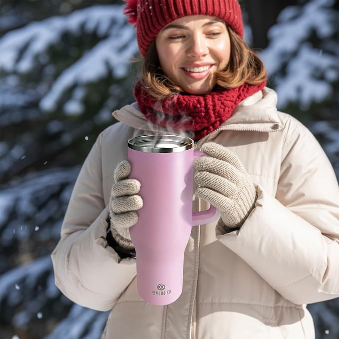 34HD 40 oz Stainless Steel Tumbler - Leakproof Insulated Water Bottle with Handle, Magnetic Lid and Flexible Straw - Iced for 48 Hours – Perfect for Men, Women, Birthday Gift, Pink - Blush Petal