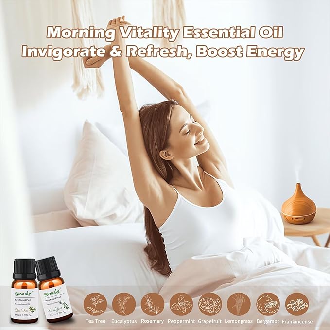 Dohale Essential Oils Set Acacia Wood Gift Box - Uplift, Energize, Refresh, Top 8 Aromatherapy Oils for Diffuser Hotel Scent Home Fragrance Candle Making Grapefruit, Peppermint & More 10ml