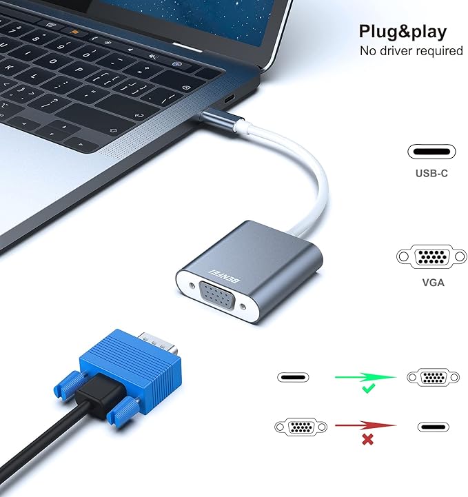 BENFEI USB C to VGA Adapter, Thunderbolt 3/4 to VGA Adapter Compatible with iPhone 15 Pro/Max, MacBook Pro/Air 2023, iPad Pro, iMac, S23, XPS 17, Surface Book 3 and More [Aluminium Shell,Grey]