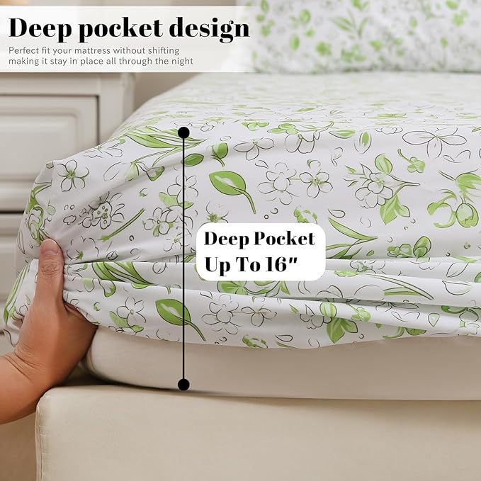 Bedlifes California King Sheet Set Ultra Soft, Breathable, Silky Flower Deep Pocket 100% Microfiber Bedding, 4 Piece Cal King Size Green Floral