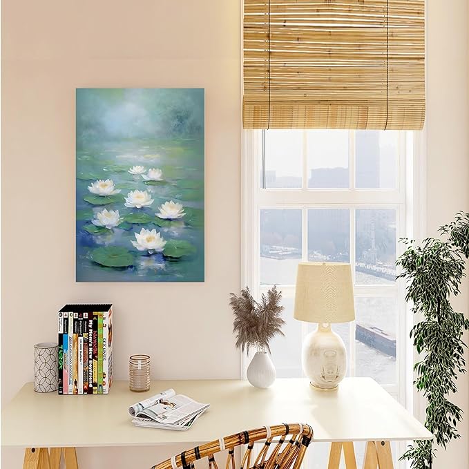 Zen wall art Delicate white lotus flower floating on calm water Vintage oil painting print Serene aquatic wall art creates a tranquil home decor 20x30in Frameless