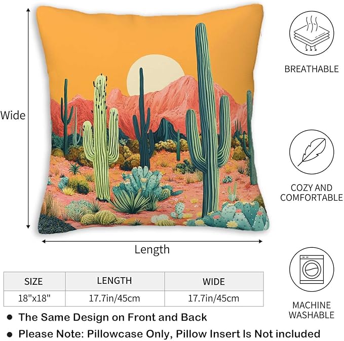 Cactus Throw Pillow Cover 18x18 Set of 2, Cushion Case for Couch, Sofa, Bed and Living Room, Zipper Closure Pillow Cases, Desert Home Decor for All Season