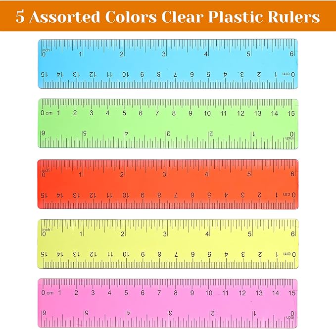 120 Pcs 6 Inch Rulers Bulk Plastic Flexible Small Straight Rulers with Inches and Centimeters First Day of School Gift for Students Back to School Office Supplies(Colorful, Transparent)