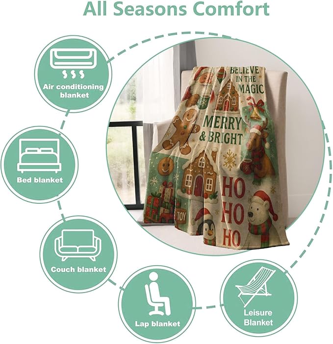 Christmas Throw Blanket Gifts for Boys Girls Kids Adults, Santa Reindeer Gingerbread Flannel Blankets for Travel Sofa Living Room Decor 50"X60"
