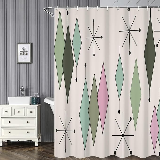 Mid Century Shower Curtain Modern Abstract Green Pink Diamond Geometric Atomic Starburst Pattern for 1950s Retro Bathroom Decor Accessories Shower Curtain Set with 12 Hooks, 48x72 Inches