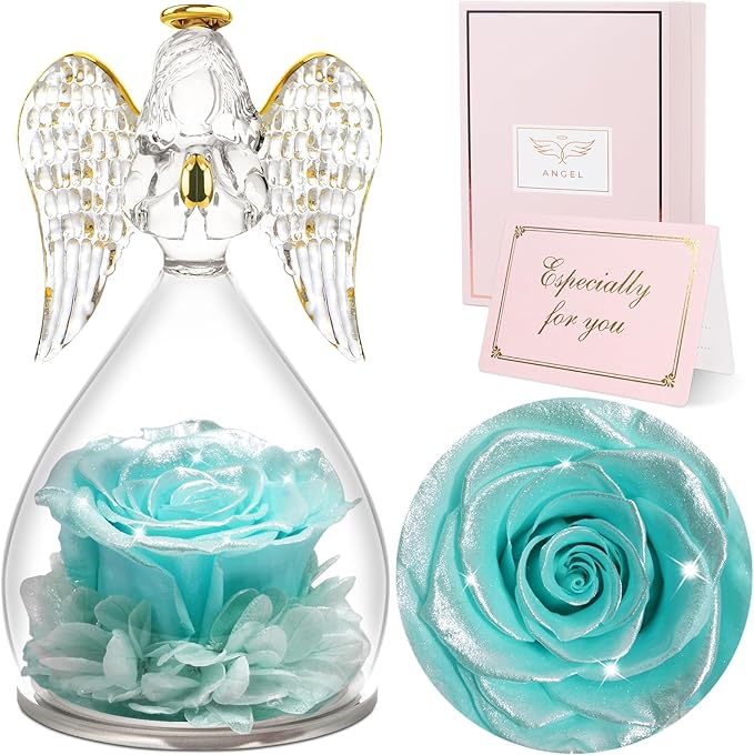 Sunia Preserved Flower Rose Gift for Women - Mother's Day Birthday Gifts for Mom Wife Grandma, Glass Angel Figurines Forever Real Roses Gifts for Her Valentine Day Thanksgiving﻿ (Sparklinga quamarine)